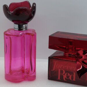 2 Empty Perfume Pink & Red Glass  Bottles Flower Shape Cap, Metallic Bow
